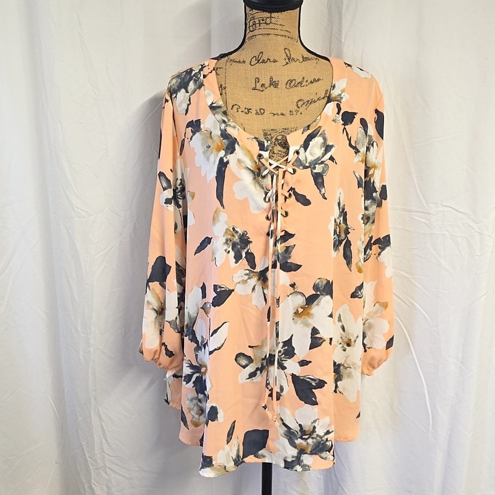 Auditions Womens Plus sz 2X Blouse Pink Floral Lace Up Neck 3/4 Sleeve Easter